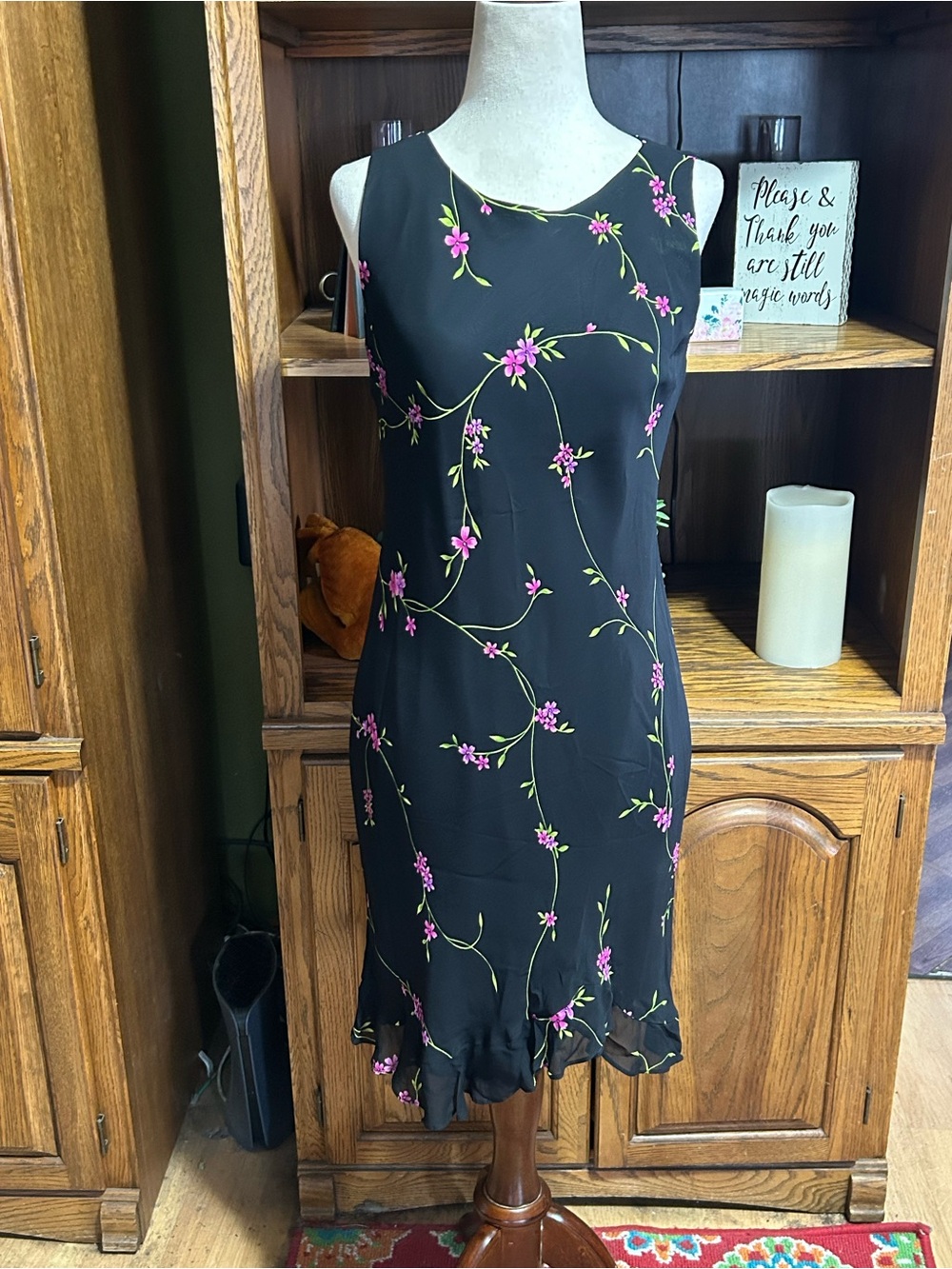 Positive Attitude Black Midi Dress with Pink Floral Vine Print